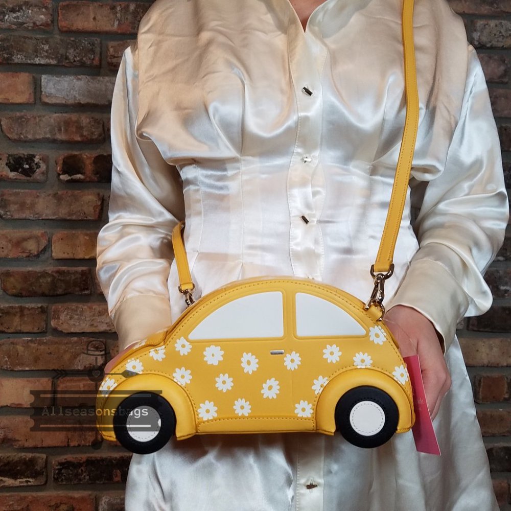 AUTHENTIC Beetle Kate Spade beep beep car crossbody bag yellow multi white NWT - Picture 7 of 12